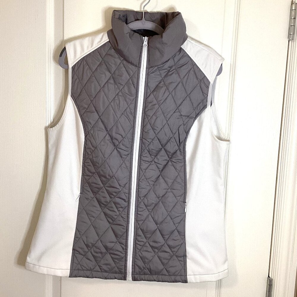 Athletic Works Woman's Quilted Puffer Vest Gray White Full Front Zip Pockets